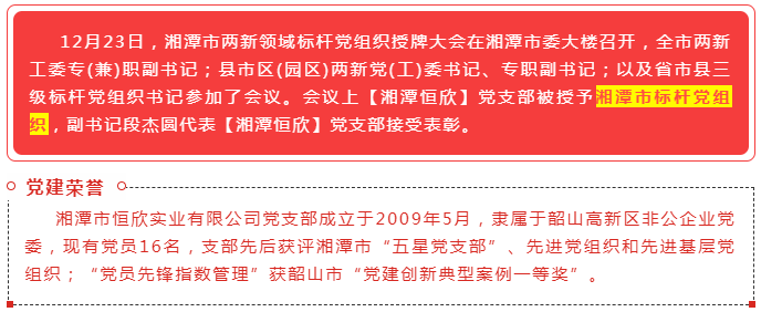 【湘潭恒欣黨支部】被授予市標桿黨組織